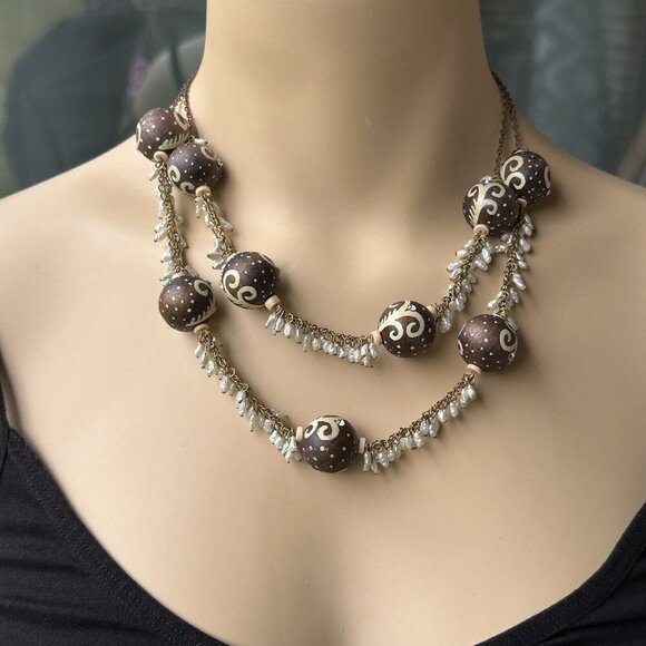 VTG Boho Chic Statement Necklace Beaded Rhinestones Mini Baroque Pearl 18" - Picture 1 of 9